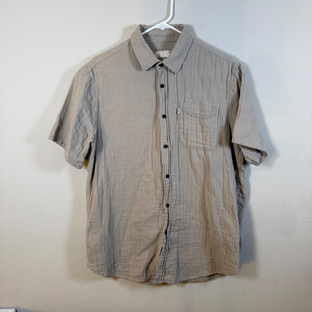 Katin Mens Tan Linen Blend Short Sleeve Button Up Shirt Size LG
